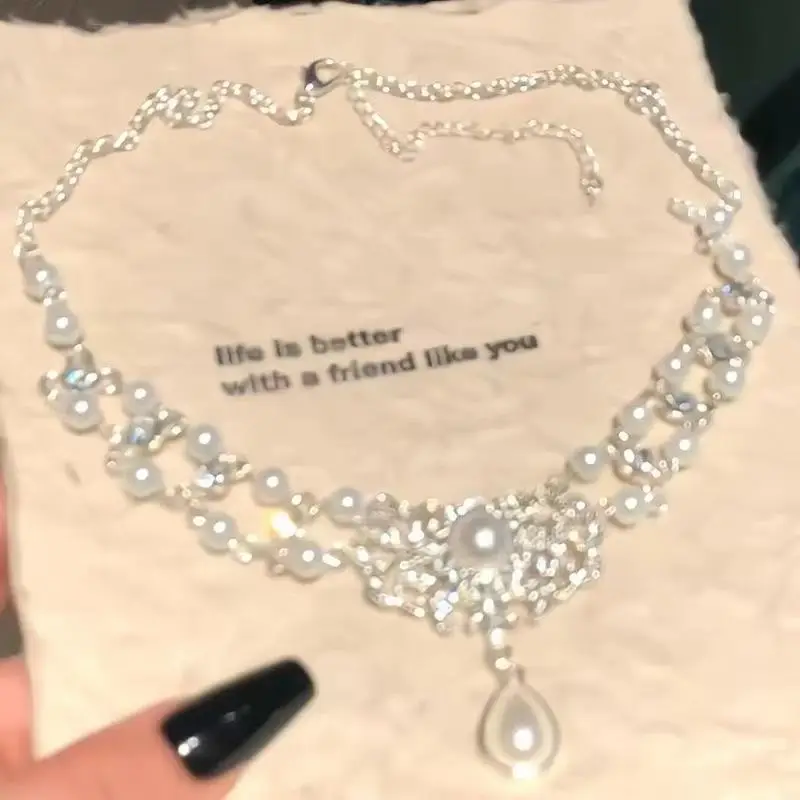 Wedding Necklace Korean Retro Palace Hepburn Style Pearl Rhinestone Short Bridal Wedding Dress Clavicle Chain for Women Cross-Border — feature 3
