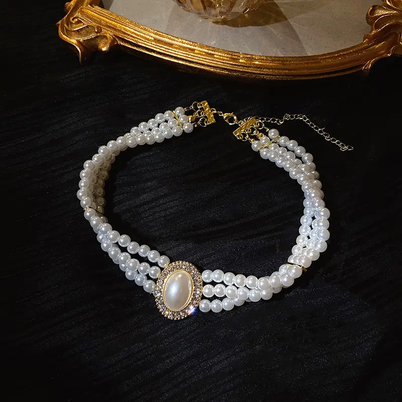 Wedding Necklace Korean Retro Palace Hepburn Style Pearl Rhinestone Short Bridal Wedding Dress Clavicle Chain for Women Cross-Border — feature 5