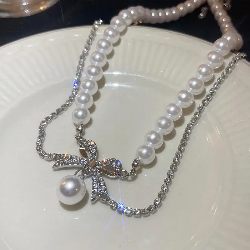Wedding Necklace Korean Retro Palace Hepburn Style Pearl Rhinestone Short Bridal Wedding Dress Clavicle Chain for Women Cross-Border — feature 7