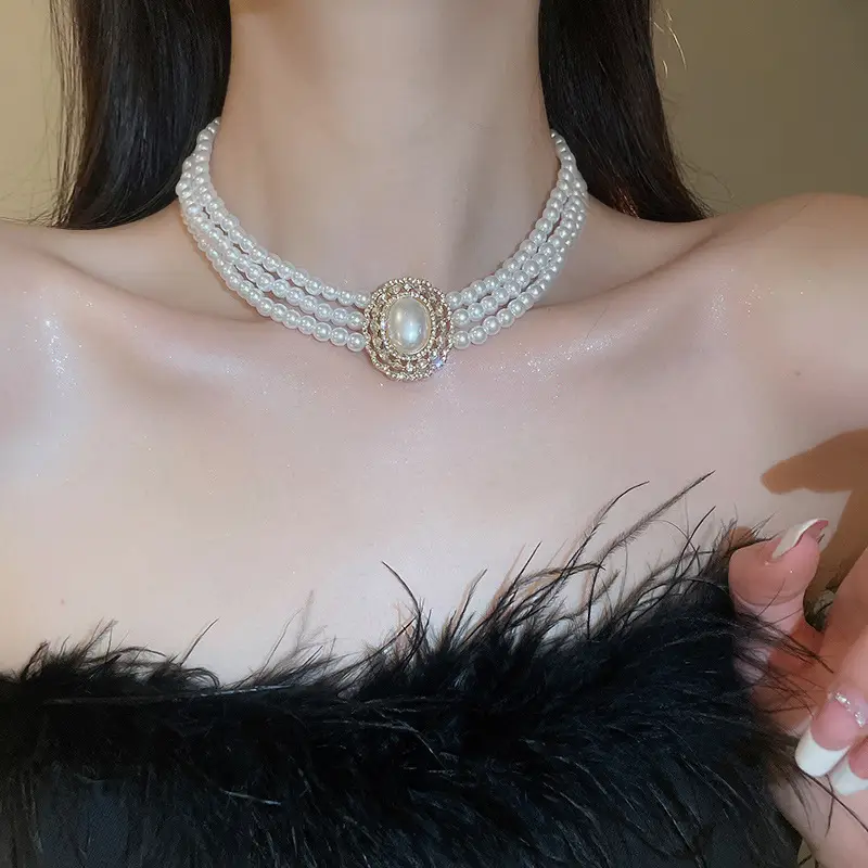Wedding Necklace Korean Retro Palace Hepburn Style Pearl Rhinestone Short Bridal Wedding Dress Clavicle Chain for Women Cross-Border