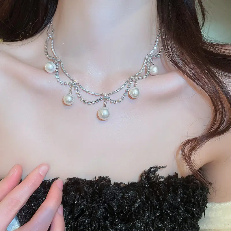 Wedding Necklace Korean Retro Palace Hepburn Style Pearl Rhinestone Short Bridal Wedding Dress Clavicle Chain for Women Cross-Border