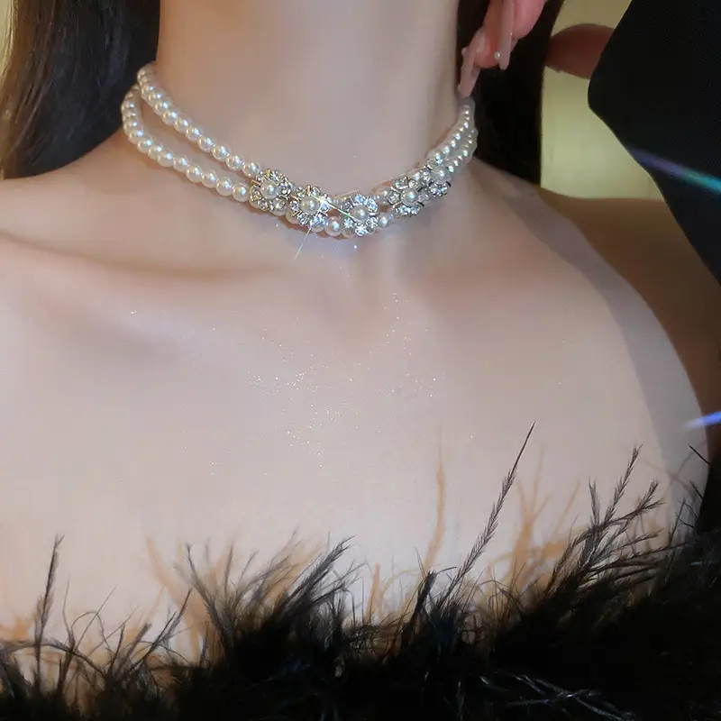 Wedding Necklace Korean Retro Palace Hepburn Style Pearl Rhinestone Short Bridal Wedding Dress Clavicle Chain for Women Cross-Border