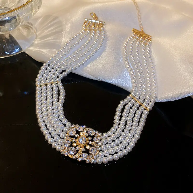 Wedding Necklace Korean Retro Palace Hepburn Style Pearl Rhinestone Short Bridal Wedding Dress Clavicle Chain for Women Cross-Border