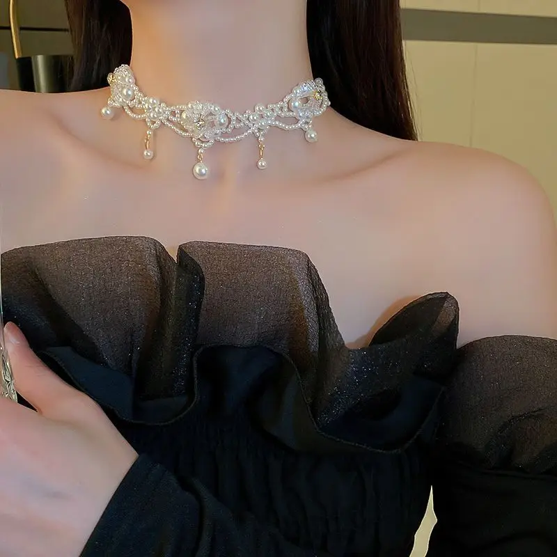 Wedding Necklace Korean Retro Palace Hepburn Style Pearl Rhinestone Short Bridal Wedding Dress Clavicle Chain for Women Cross-Border