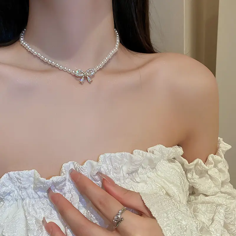 Wedding Necklace Korean Retro Palace Hepburn Style Pearl Rhinestone Short Bridal Wedding Dress Clavicle Chain for Women Cross-Border