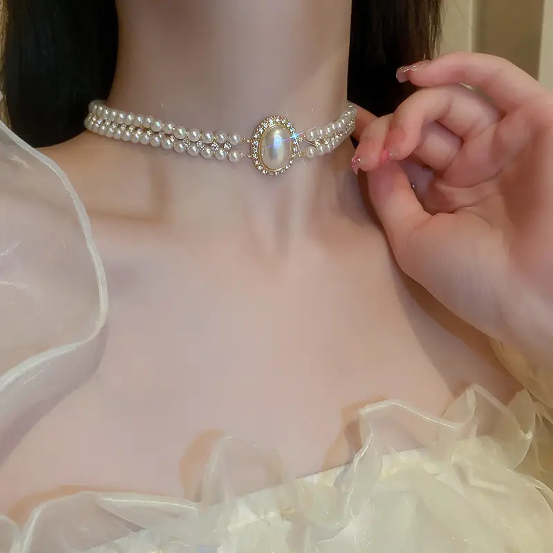 Wedding Necklace Korean Retro Palace Hepburn Style Pearl Rhinestone Short Bridal Wedding Dress Clavicle Chain for Women Cross-Border