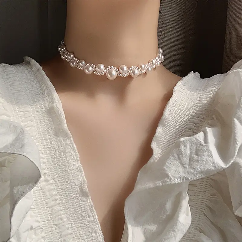 Wedding Necklace Korean Retro Palace Hepburn Style Pearl Rhinestone Short Bridal Wedding Dress Clavicle Chain for Women Cross-Border