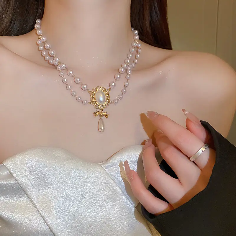 Wedding Necklace Korean Retro Palace Hepburn Style Pearl Rhinestone Short Bridal Wedding Dress Clavicle Chain for Women Cross-Border