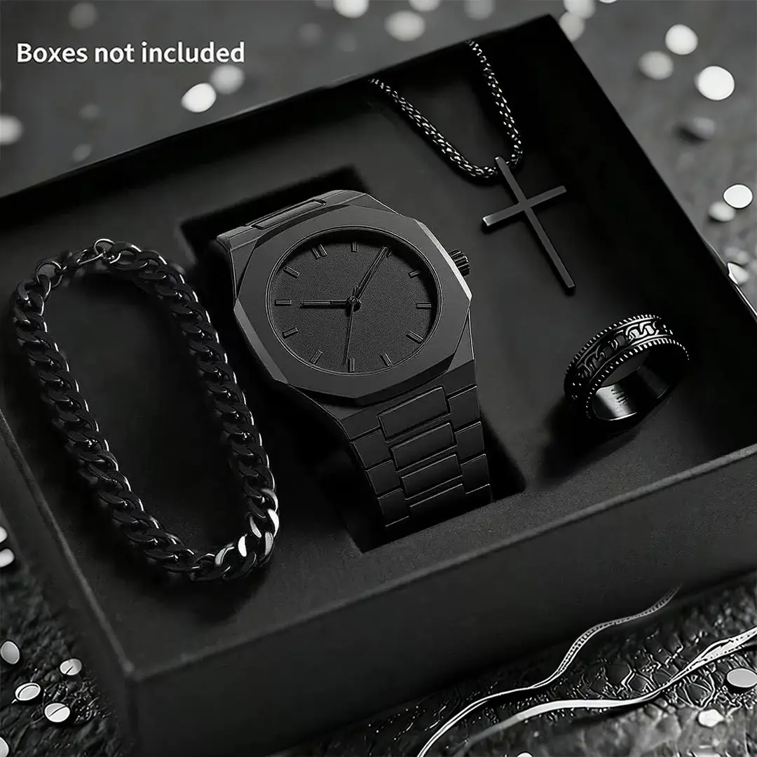 2026 Men's Watch, Light Luxury, High-End, Simple and Fashionable Quartz Watch, Black Large Dial Set, Pointer Type
