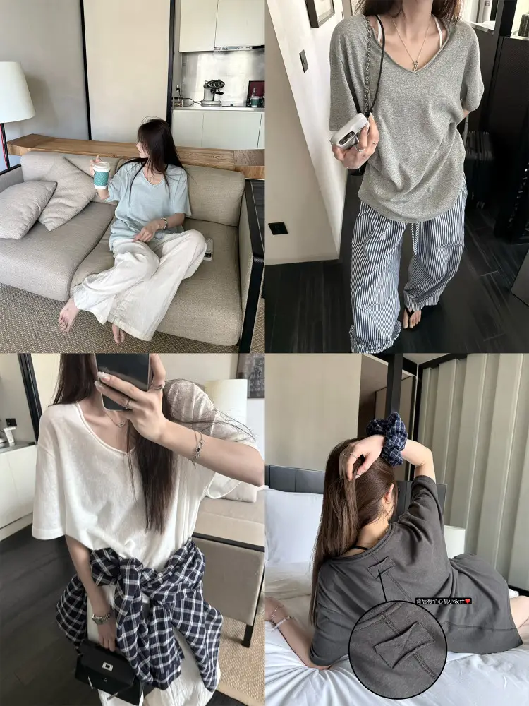 Superniniyy Mint & Relaxed Snowflake Texture Rolled-Edge V-Neck Short-Sleeve Loose Lazy T-Shirt # 3500J