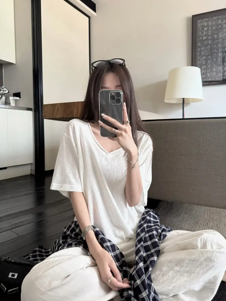 Superniniyy Mint & Relaxed Snowflake Texture Rolled-Edge V-Neck Short-Sleeve Loose Lazy T-Shirt # 3500J