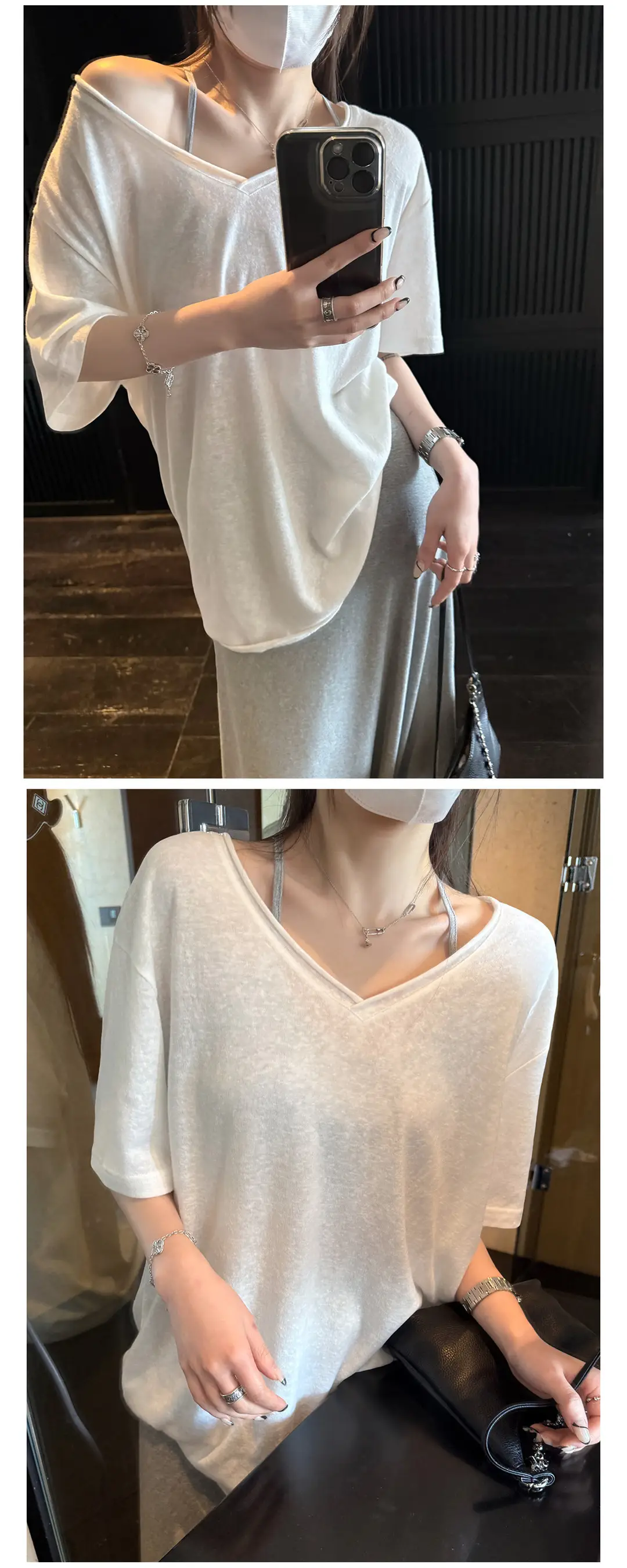 Superniniyy Mint & Relaxed Snowflake Texture Rolled-Edge V-Neck Short-Sleeve Loose Lazy T-Shirt # 3500J — feature 10