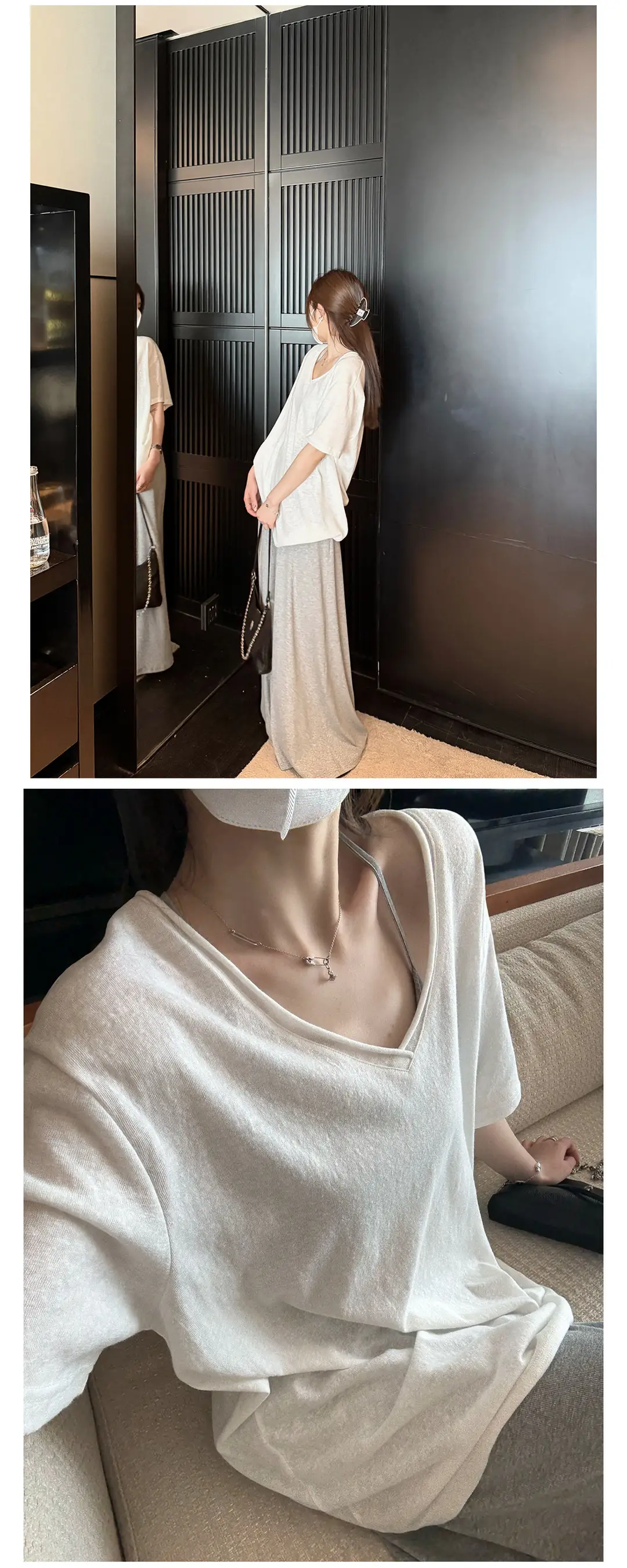 Superniniyy Mint & Relaxed Snowflake Texture Rolled-Edge V-Neck Short-Sleeve Loose Lazy T-Shirt # 3500J — feature 12