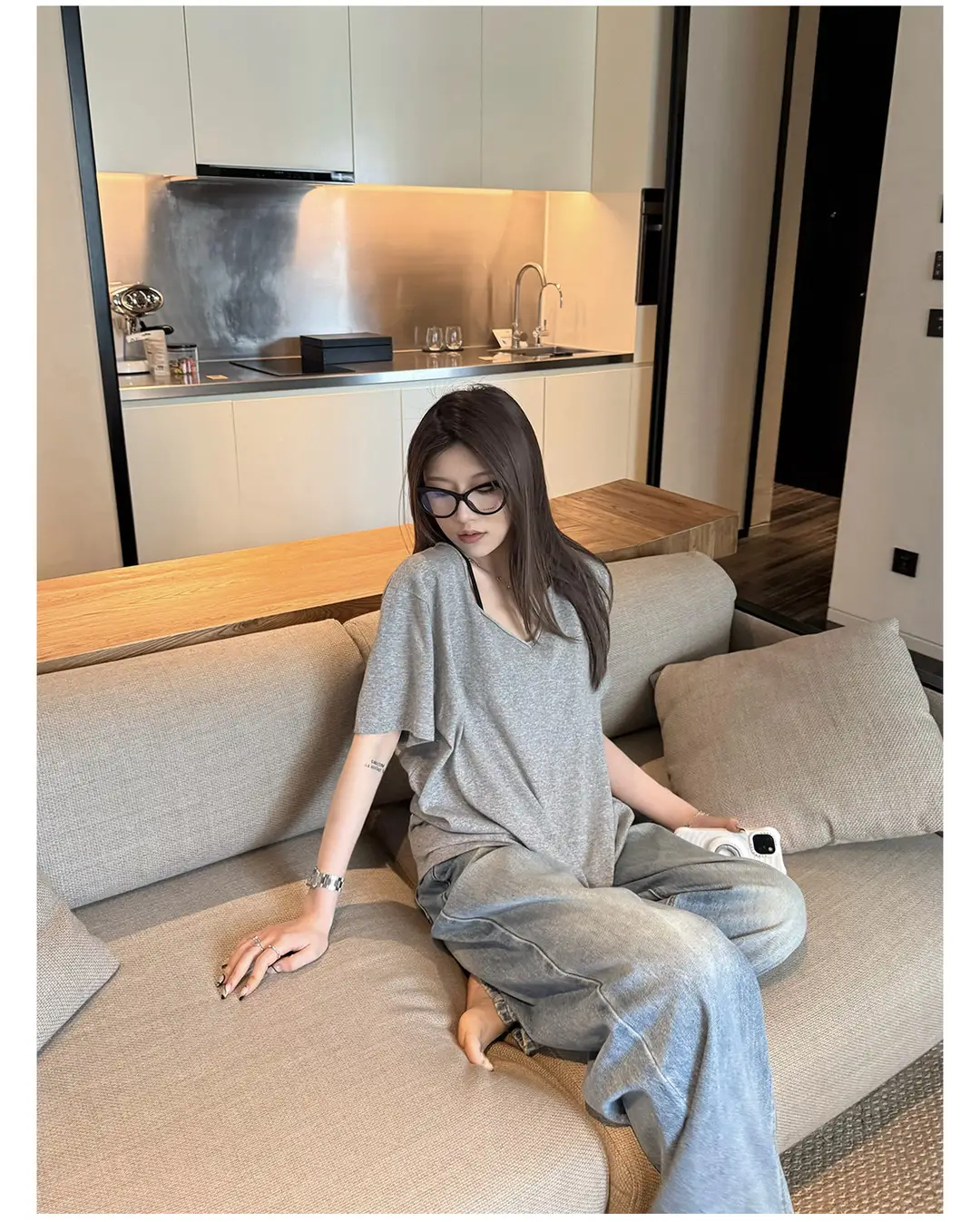 Superniniyy Mint & Relaxed Snowflake Texture Rolled-Edge V-Neck Short-Sleeve Loose Lazy T-Shirt # 3500J — feature 17