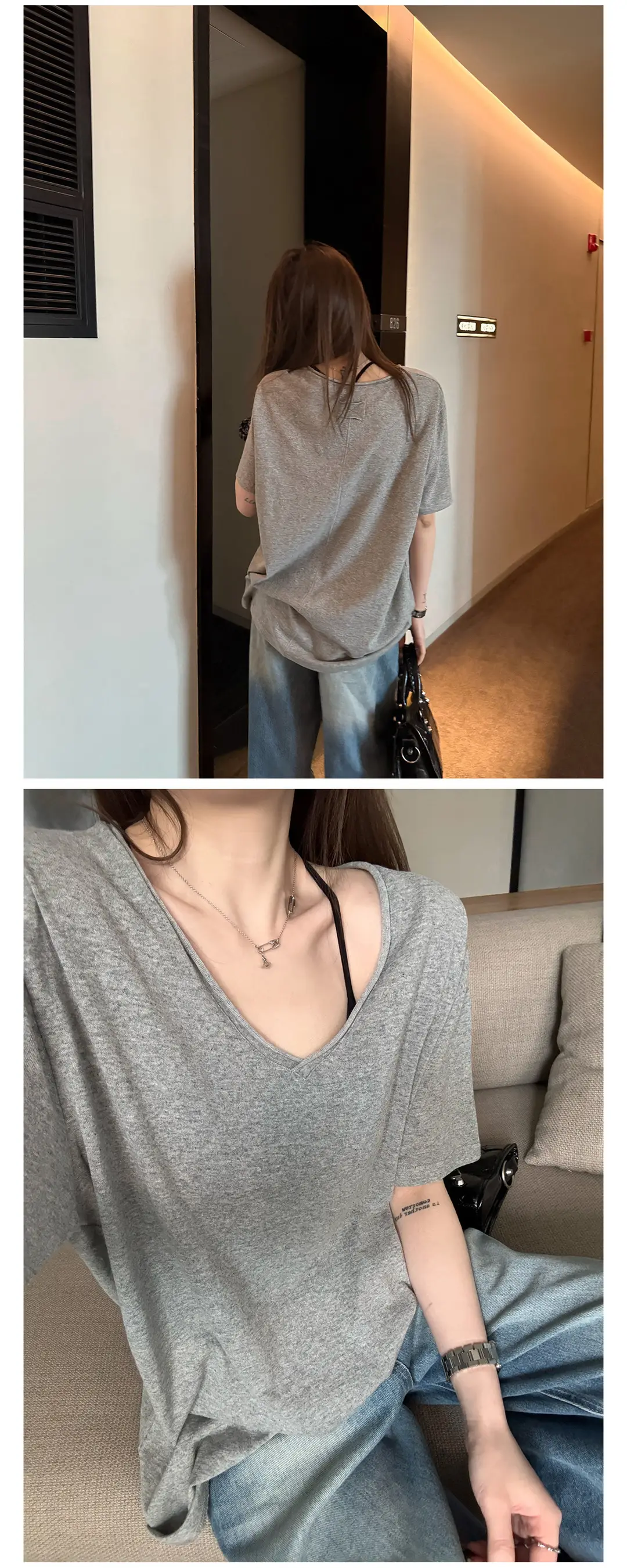 Superniniyy Mint & Relaxed Snowflake Texture Rolled-Edge V-Neck Short-Sleeve Loose Lazy T-Shirt # 3500J — feature 18