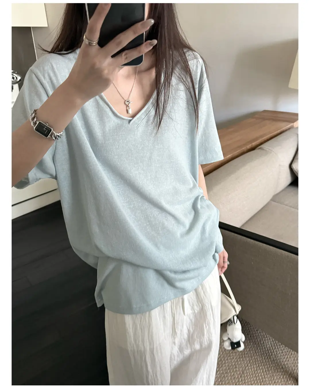 Superniniyy Mint & Relaxed Snowflake Texture Rolled-Edge V-Neck Short-Sleeve Loose Lazy T-Shirt # 3500J — feature 20