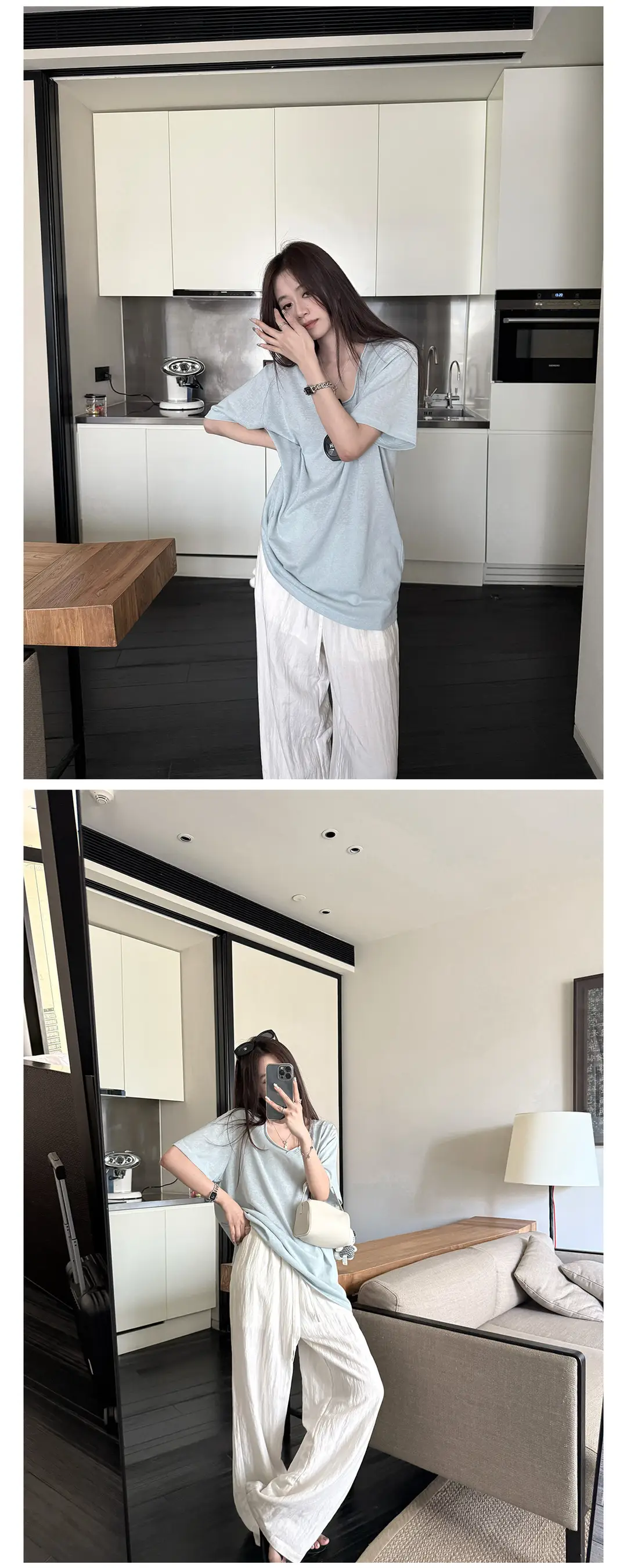 Superniniyy Mint & Relaxed Snowflake Texture Rolled-Edge V-Neck Short-Sleeve Loose Lazy T-Shirt # 3500J — feature 22