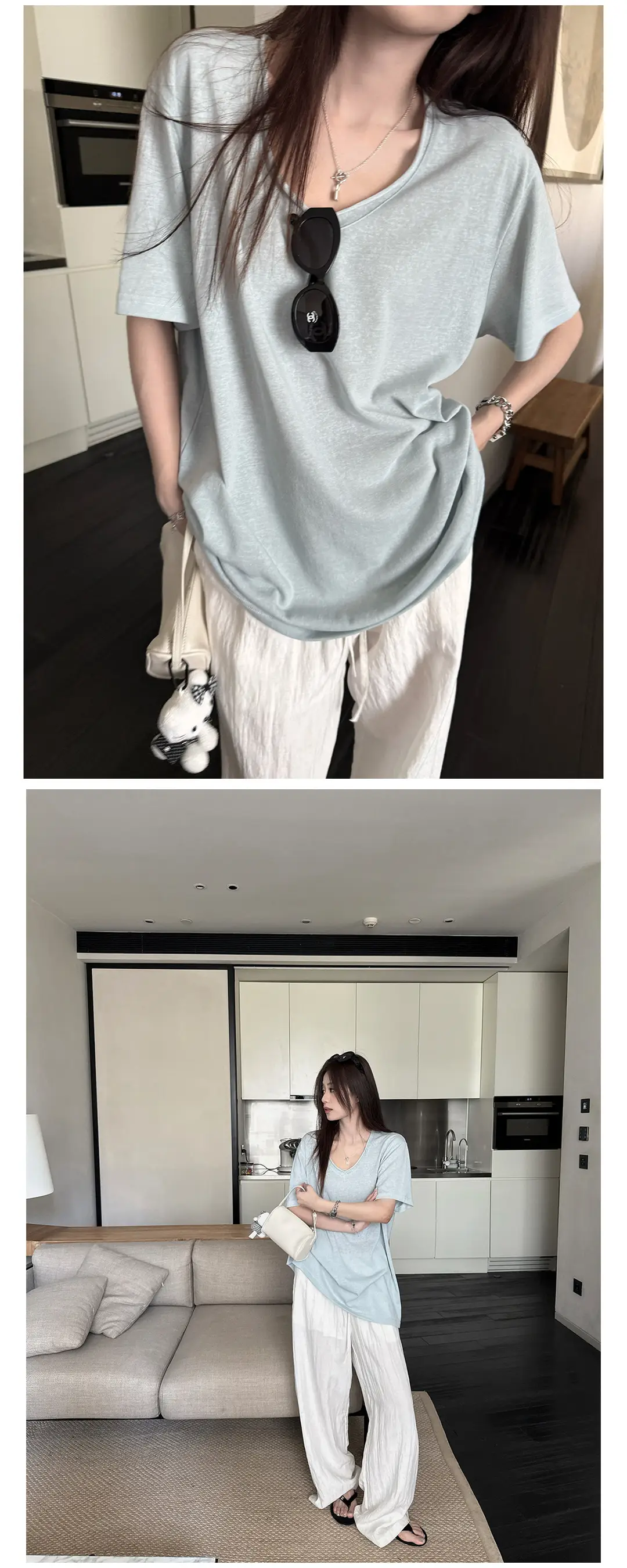 Superniniyy Mint & Relaxed Snowflake Texture Rolled-Edge V-Neck Short-Sleeve Loose Lazy T-Shirt # 3500J — feature 23