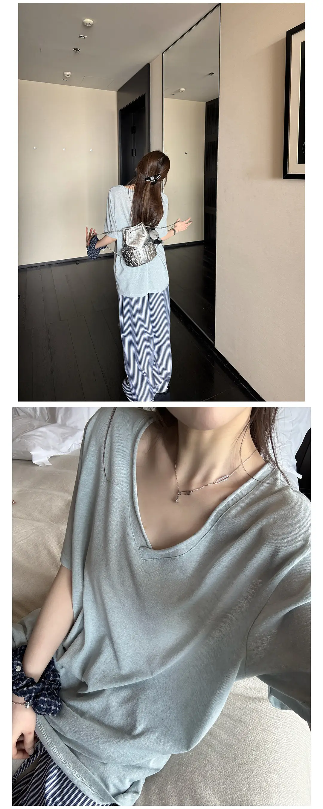 Superniniyy Mint & Relaxed Snowflake Texture Rolled-Edge V-Neck Short-Sleeve Loose Lazy T-Shirt # 3500J — feature 26