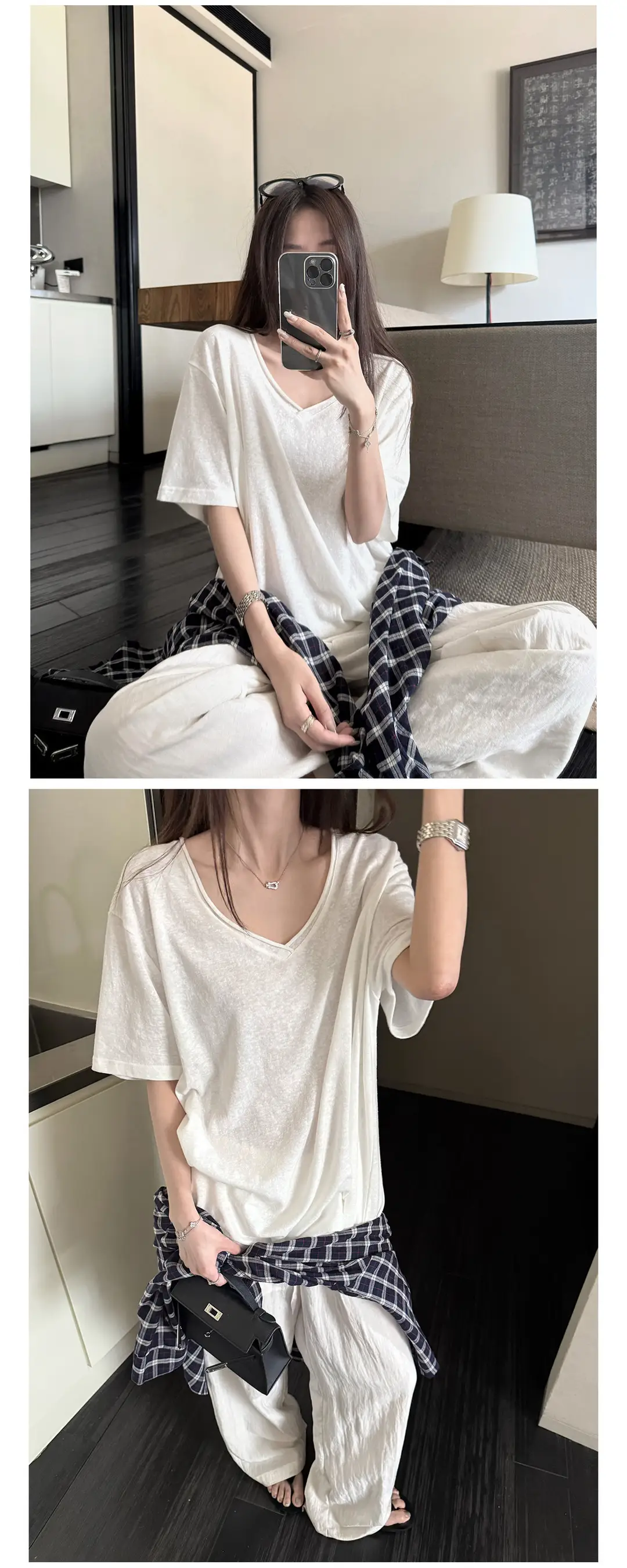 Superniniyy Mint & Relaxed Snowflake Texture Rolled-Edge V-Neck Short-Sleeve Loose Lazy T-Shirt # 3500J — feature 3
