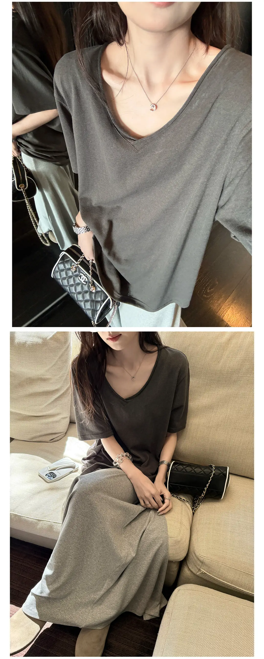 Superniniyy Mint & Relaxed Snowflake Texture Rolled-Edge V-Neck Short-Sleeve Loose Lazy T-Shirt # 3500J — feature 31