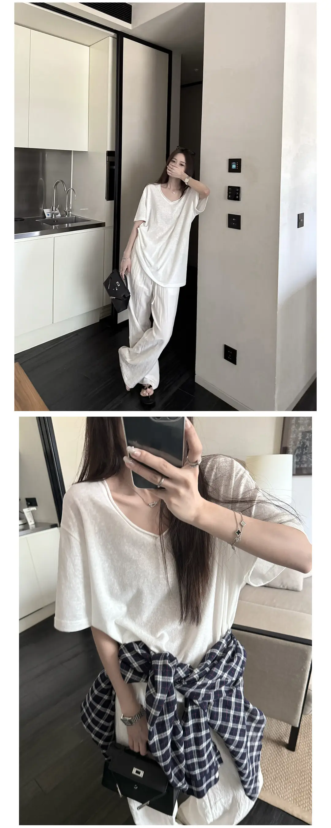 Superniniyy Mint & Relaxed Snowflake Texture Rolled-Edge V-Neck Short-Sleeve Loose Lazy T-Shirt # 3500J — feature 4