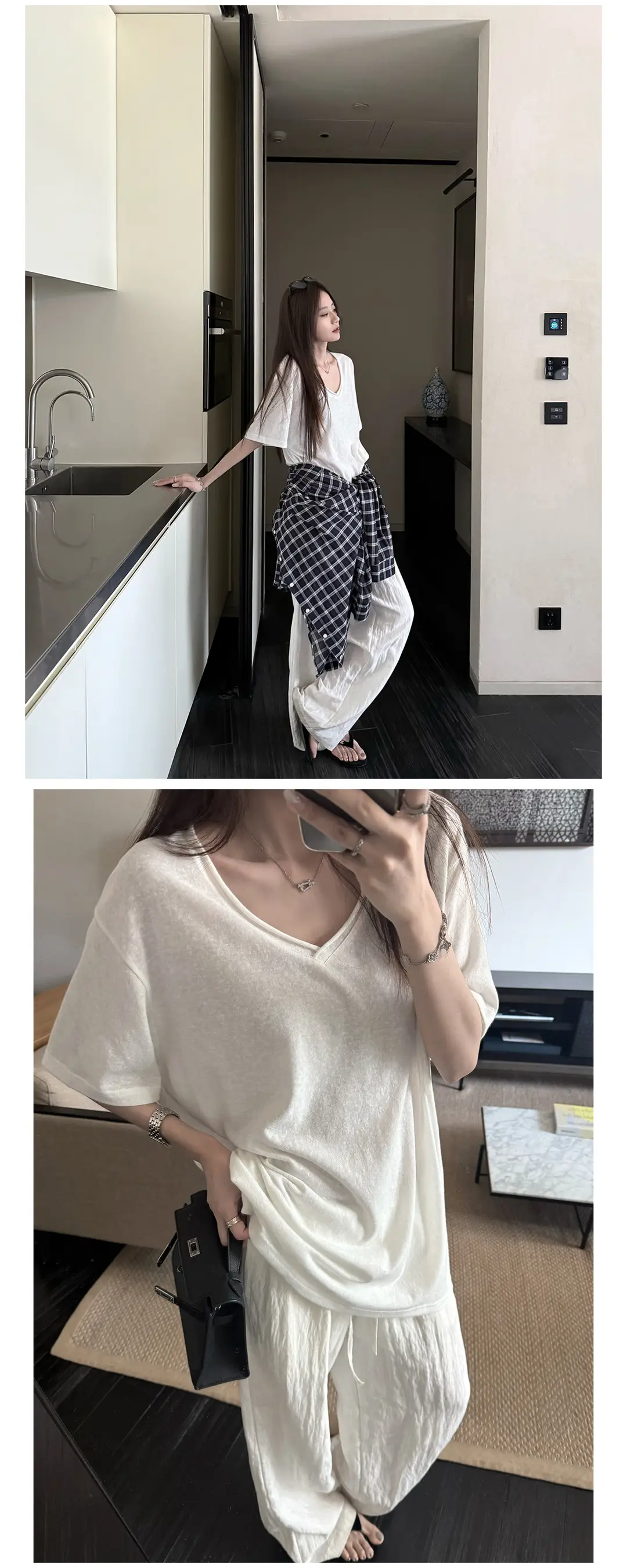 Superniniyy Mint & Relaxed Snowflake Texture Rolled-Edge V-Neck Short-Sleeve Loose Lazy T-Shirt # 3500J — feature 5