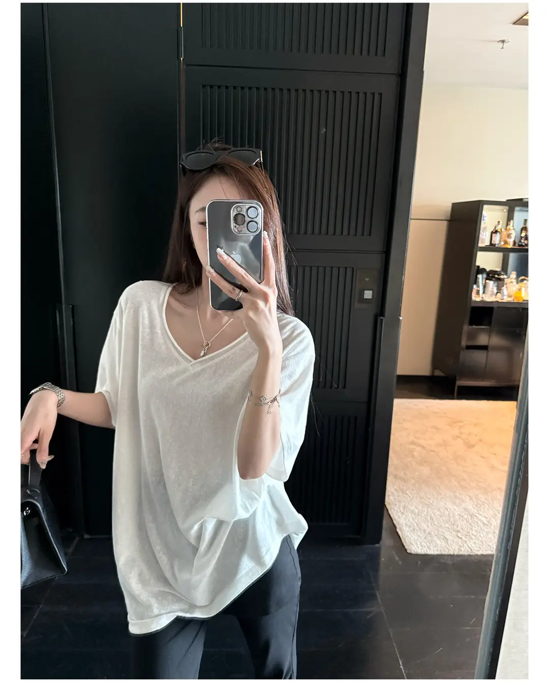 Superniniyy Mint & Relaxed Snowflake Texture Rolled-Edge V-Neck Short-Sleeve Loose Lazy T-Shirt # 3500J — feature 8