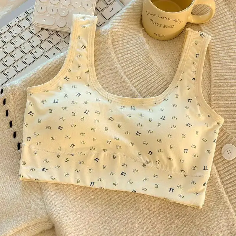 Pure Cotton Sports Bra for Girls in Their Developmental Period, Shock-Proof, Seamless, Fixed Cup, No Steel Ring, Breathable Vest-Style Bra for Young Girls