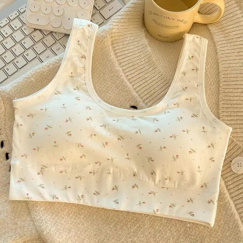Pure Cotton Sports Bra for Girls in Their Developmental Period, Shock-Proof, Seamless, Fixed Cup, No Steel Ring, Breathable Vest-Style Bra for Young Girls
