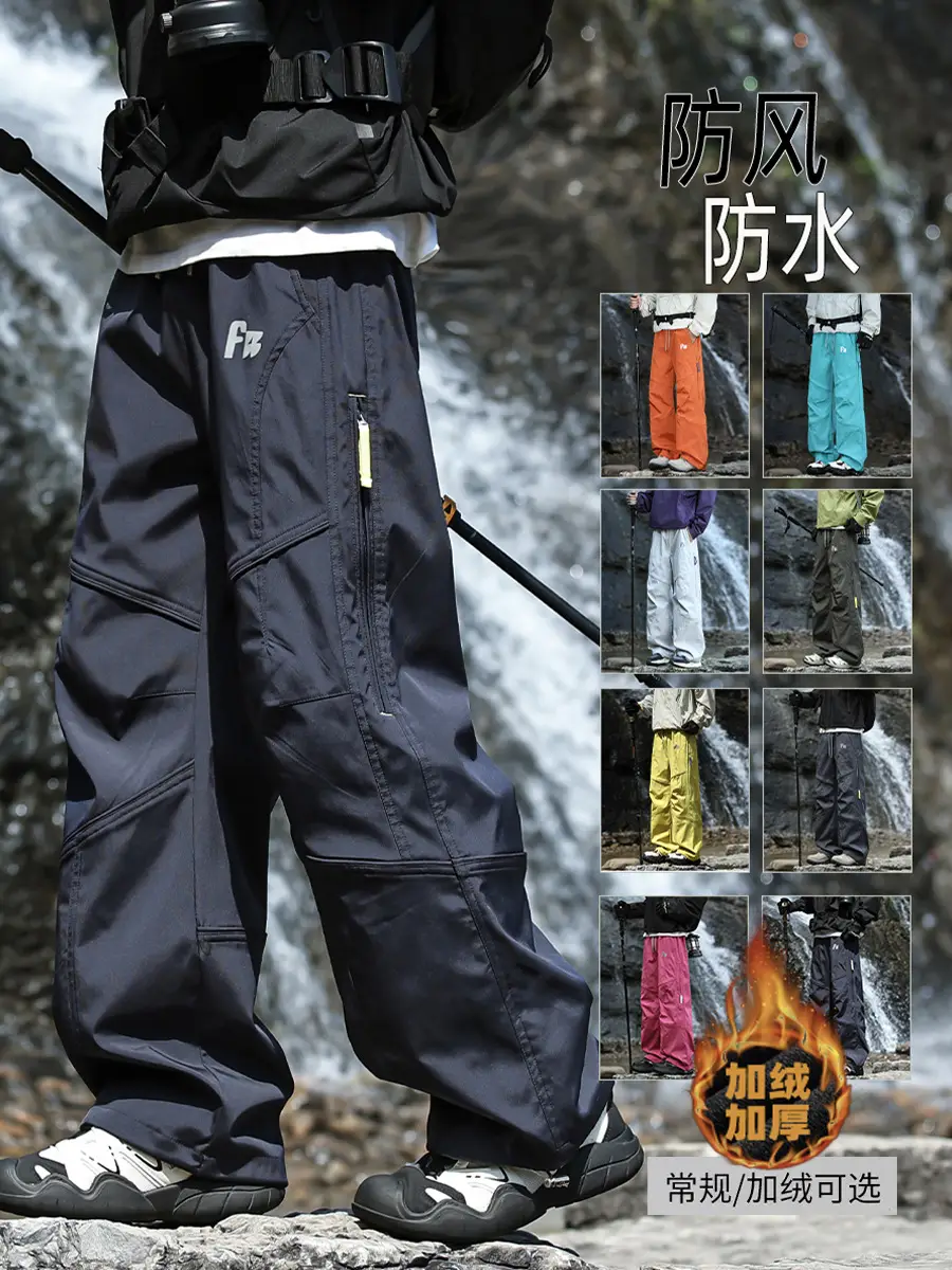 Autumn and Winter Fleece-Lined Waterproof Pants for Men, Trendy Brand Loose Straight-Leg Work Pants, Thick Casual Pants for Men