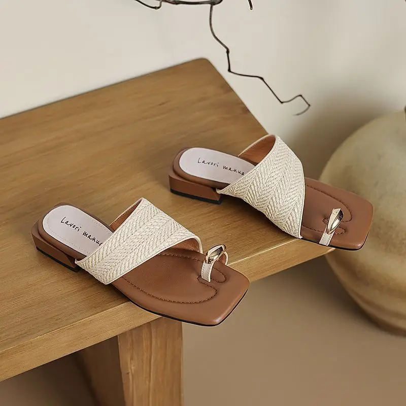 Handmade Straw-Woven Retro Vacation Style 2025 Summer One-Strap Thong Beach Half-Slipper Self-Made Woven Sandals for Women