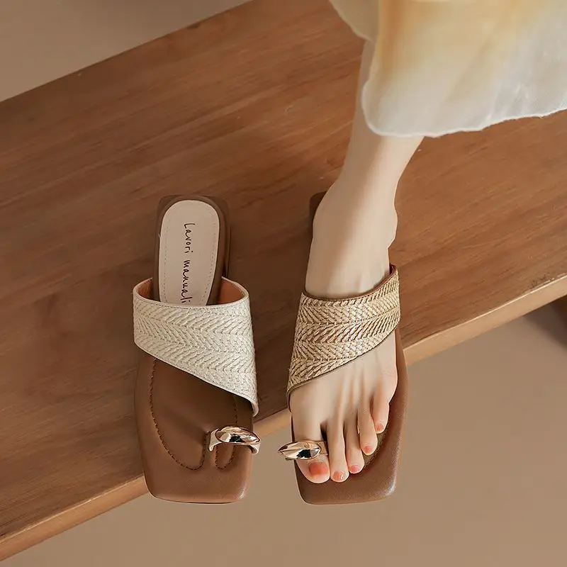 Handmade Straw-Woven Retro Vacation Style 2025 Summer One-Strap Thong Beach Half-Slipper Self-Made Woven Sandals for Women