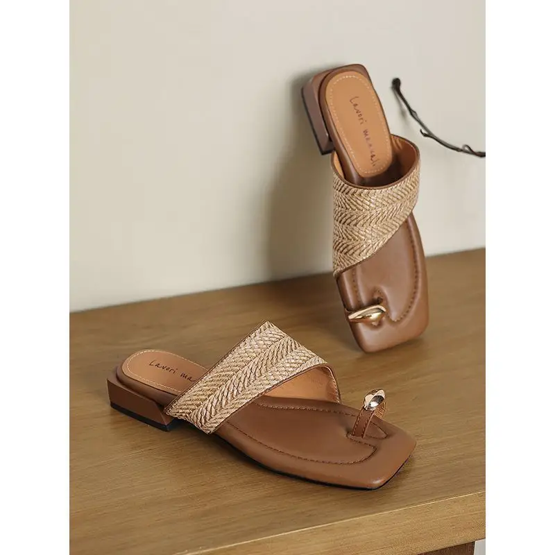 Handmade Straw-Woven Retro Vacation Style 2025 Summer One-Strap Thong Beach Half-Slipper Self-Made Woven Sandals for Women — feature 2