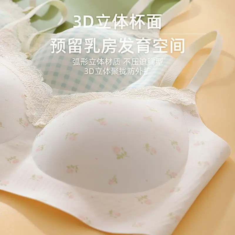 Girls' Bras for the Developmental Period, High School and College Students' Seamless Underwear, Small Chest Gathering, Comfortable, Wire-Free, Anti-Sagging Bra