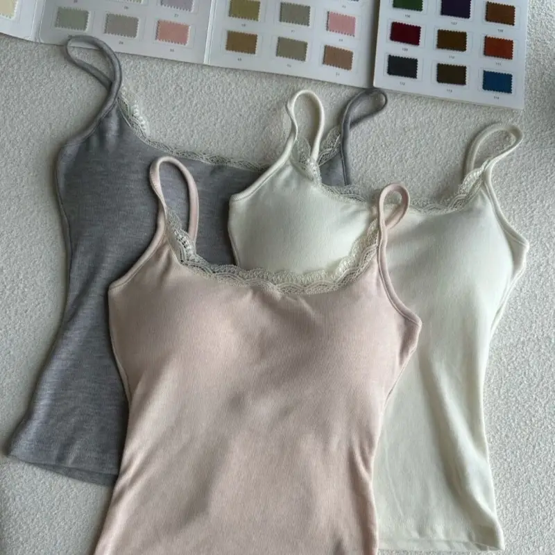 Purely Sexy Lace-Trimmed Camisole for Women with Breast Pads, Suitable for Wearing as an Undershirt or Outerwear, Slim Fit, Flattering, and Featuring a Beautiful Back Design