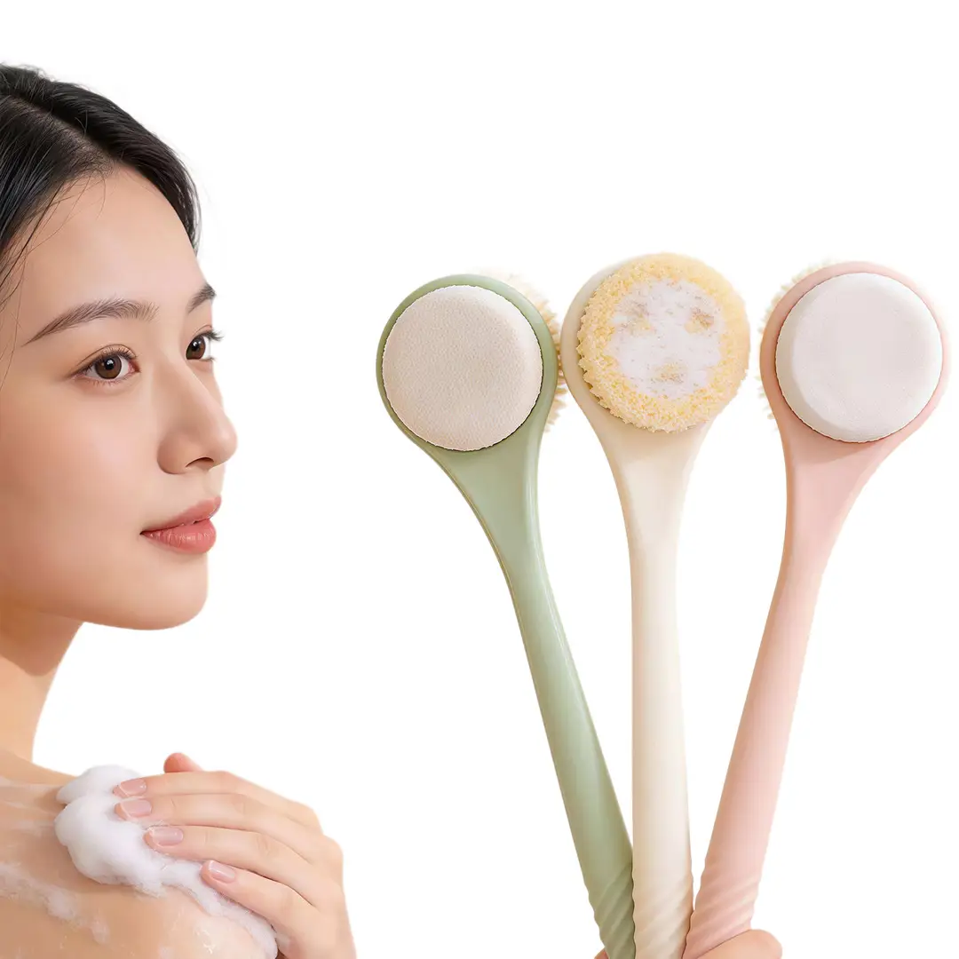 Double-Sided Bath Brush for Exfoliating and Scrubbing, Back Scrubber Tool, Self-Use Body Brush with Long Handle, Bath Towel Brush