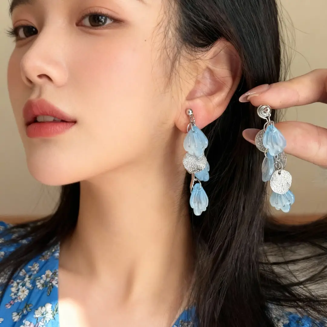Fresh Light Blue Petal Mosquito Coil Ear Clips Without Ear Piercings, Gentle Summer Vacation Ear Hooks, Fairy Sequin Tassel Earrings