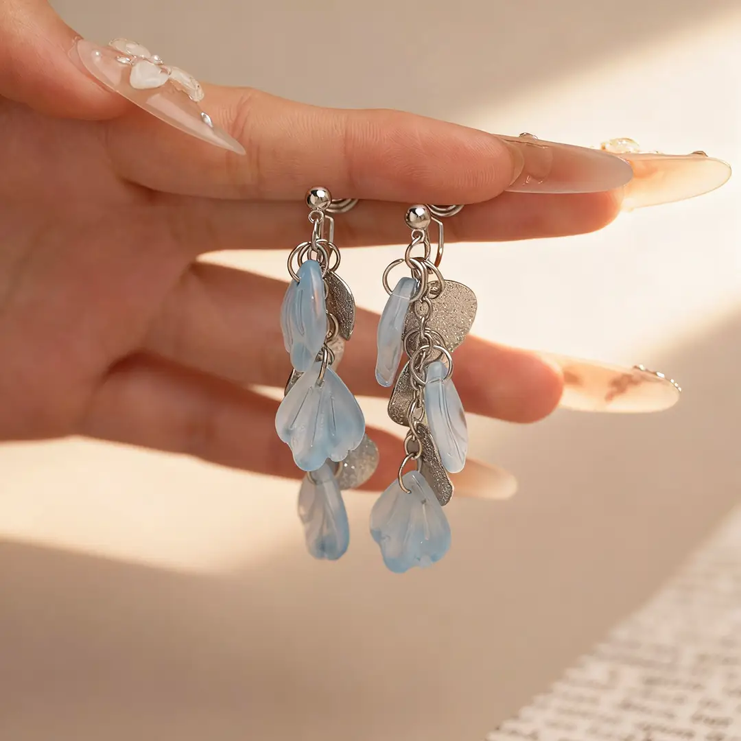 Fresh Light Blue Petal Mosquito Coil Ear Clips Without Ear Piercings, Gentle Summer Vacation Ear Hooks, Fairy Sequin Tassel Earrings