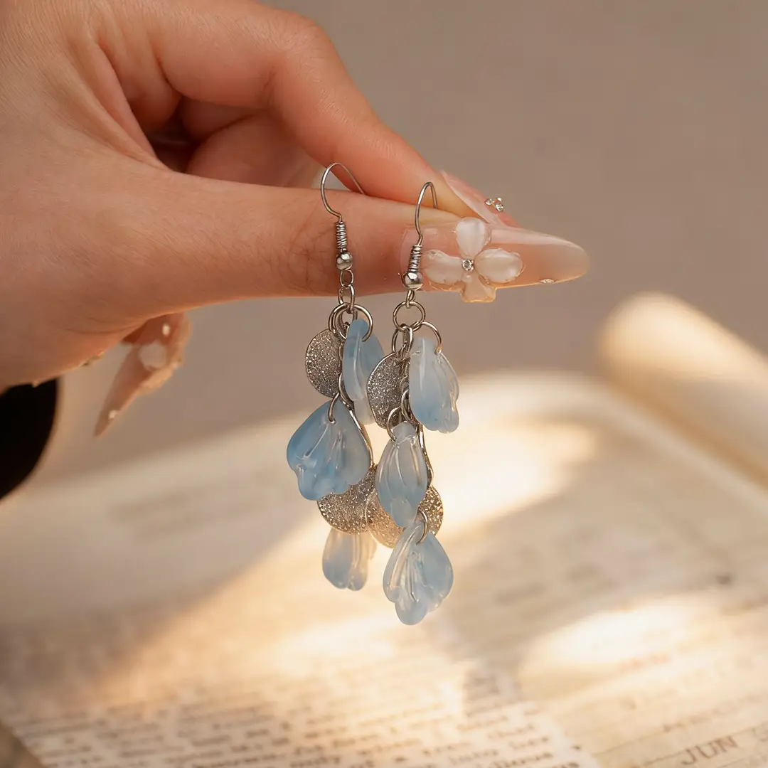 Fresh Light Blue Petal Mosquito Coil Ear Clips Without Ear Piercings, Gentle Summer Vacation Ear Hooks, Fairy Sequin Tassel Earrings