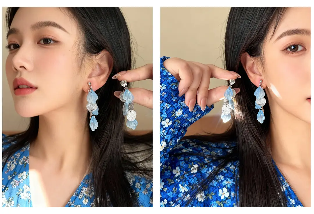 Fresh Light Blue Petal Mosquito Coil Ear Clips Without Ear Piercings, Gentle Summer Vacation Ear Hooks, Fairy Sequin Tassel Earrings — feature 2