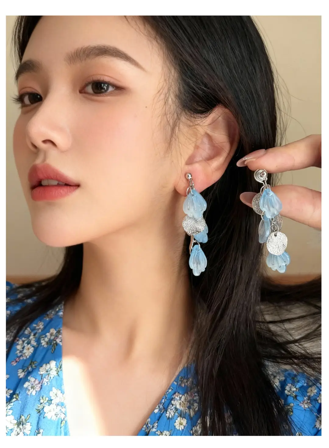 Fresh Light Blue Petal Mosquito Coil Ear Clips Without Ear Piercings, Gentle Summer Vacation Ear Hooks, Fairy Sequin Tassel Earrings — feature 4