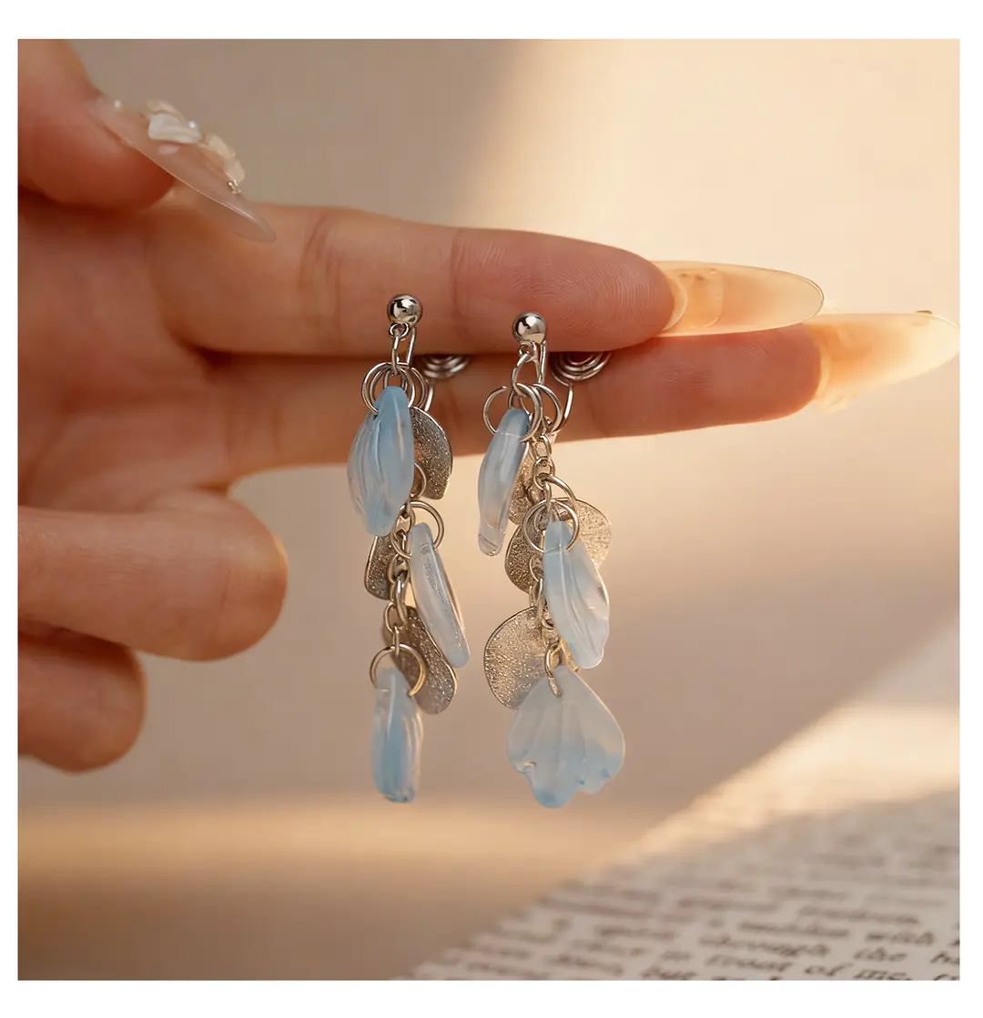 Fresh Light Blue Petal Mosquito Coil Ear Clips Without Ear Piercings, Gentle Summer Vacation Ear Hooks, Fairy Sequin Tassel Earrings — feature 6
