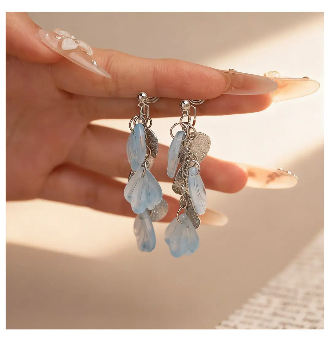 Fresh Light Blue Petal Mosquito Coil Ear Clips Without Ear Piercings, Gentle Summer Vacation Ear Hooks, Fairy Sequin Tassel Earrings — feature 7