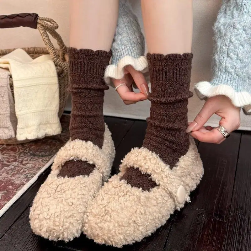 Milky White Socks for Women, Autumn and Winter Style, Mid-Calf Socks, Thickened and Warm Wool Socks, Suitable for Winter Wear with Birkenstock Shoes, Lace Ruffle Socks