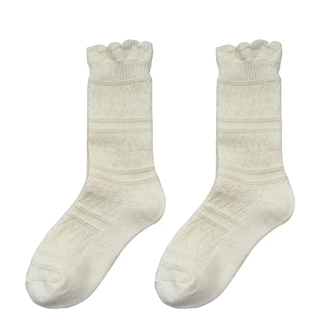 Milky White Socks for Women, Autumn and Winter Style, Mid-Calf Socks, Thickened and Warm Wool Socks, Suitable for Winter Wear with Birkenstock Shoes, Lace Ruffle Socks