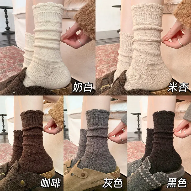 Milky White Socks for Women, Autumn and Winter Style, Mid-Calf Socks, Thickened and Warm Wool Socks, Suitable for Winter Wear with Birkenstock Shoes, Lace Ruffle Socks
