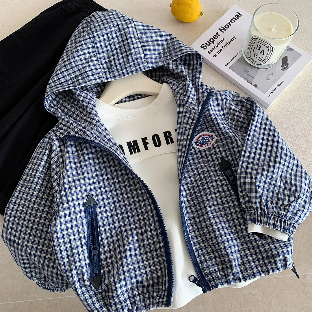 Boys' Jacket 2026 Spring New Style Children's Plaid Hooded Casual Cardigan Small Coat College Style Zip-Up Jacket Trendy