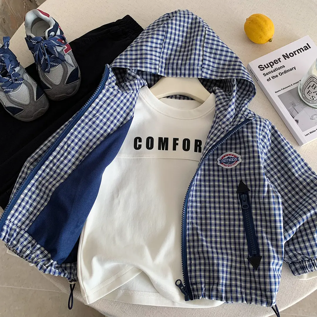Boys' Jacket 2026 Spring New Style Children's Plaid Hooded Casual Cardigan Small Coat College Style Zip-Up Jacket Trendy
