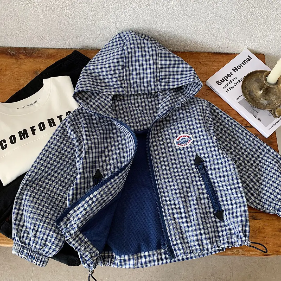 Boys' Jacket 2026 Spring New Style Children's Plaid Hooded Casual Cardigan Small Coat College Style Zip-Up Jacket Trendy